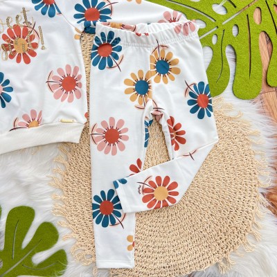 Conj. Blusão Manga Longa Sweet Girl e Calça Legging Floral - Off White